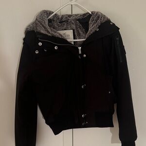 Hollister Women's Black Bomber Jacket with Gray Hood